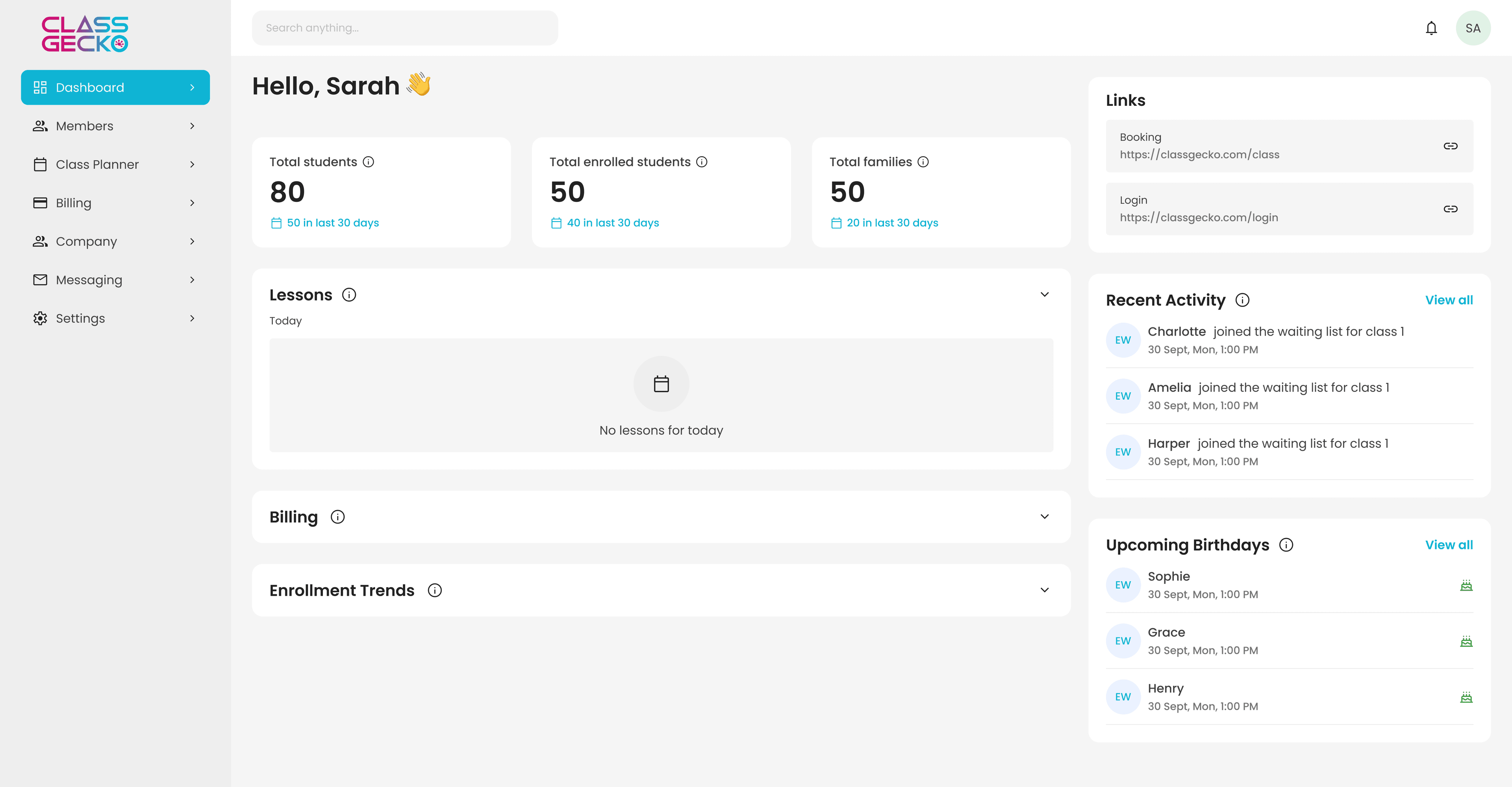 Class Gecko Dashboard - Everything You Need